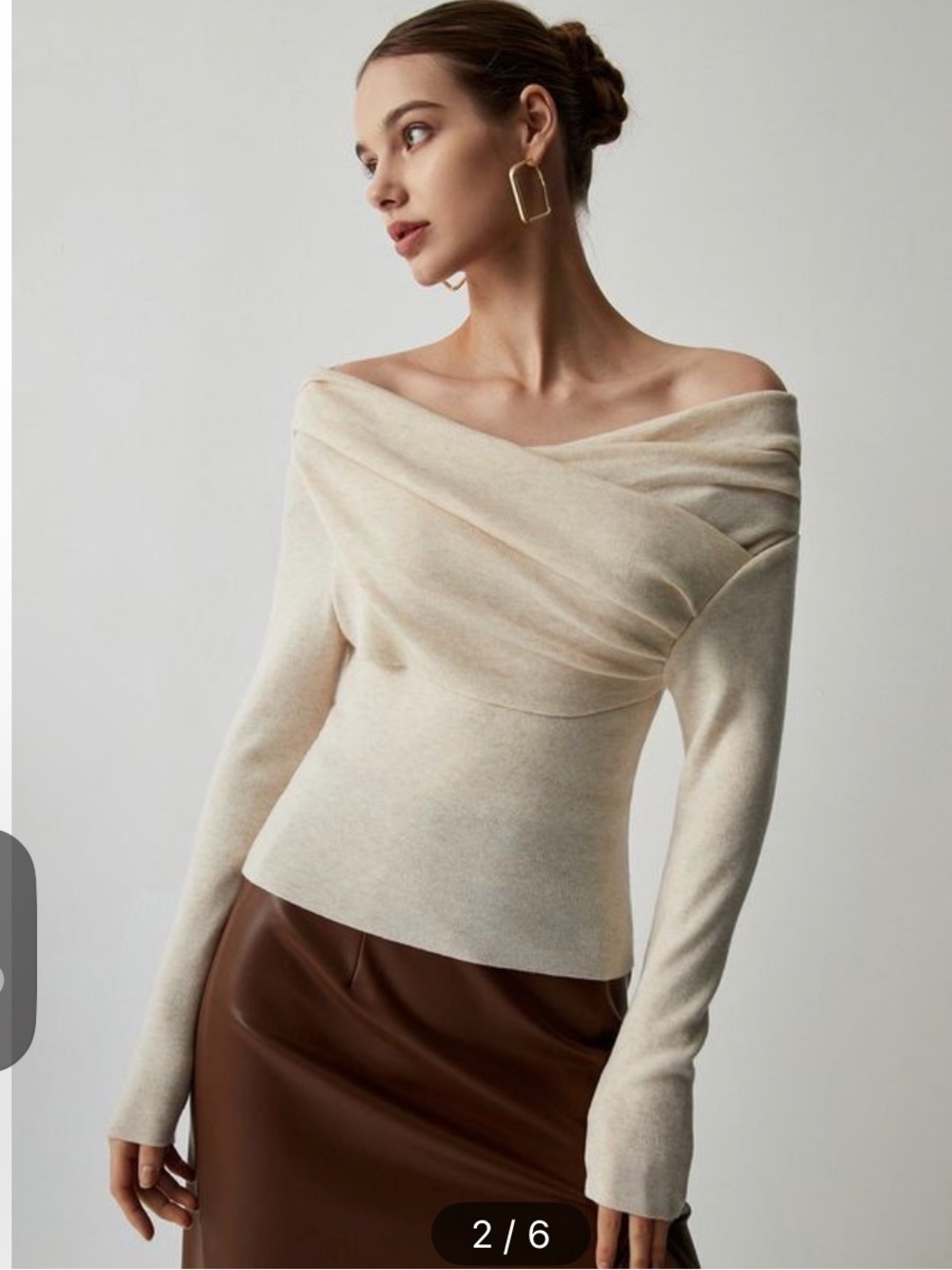 Commense Cream Off-Shoulder Draped Long Sleeve Top